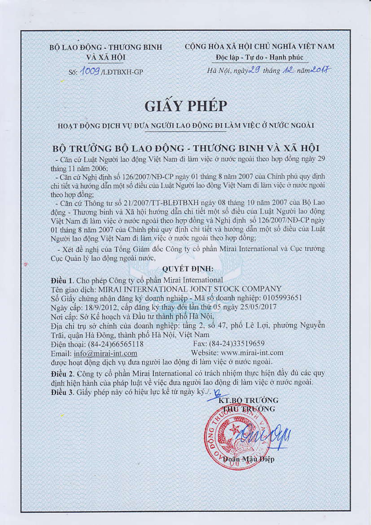Giấy ph&eacute;p hoạt động dịch vụ đưa NLĐ đi l&agrave;m việc ở nước ngo&agrave;i
